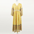 2020 Printed High Waist Dress Long Sleeve Yellow Boho Dresses For Women